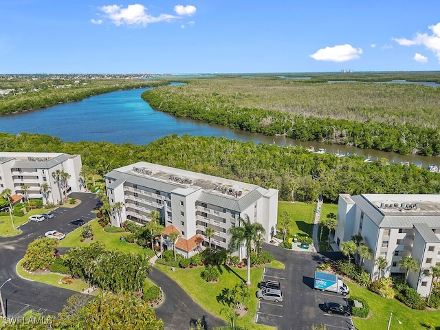 drone / aerial view with a water view