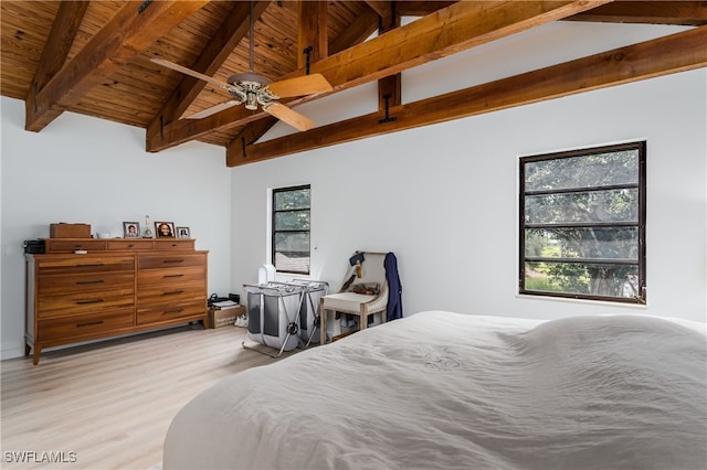 bedroom featuring ceiling fan, vaulted ceiling with beams, wooden ceiling, and light hardwood / wood-style flooring