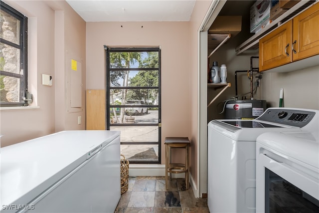 laundry room with separate washer and dryer, electric water heater, cabinets, and electric panel