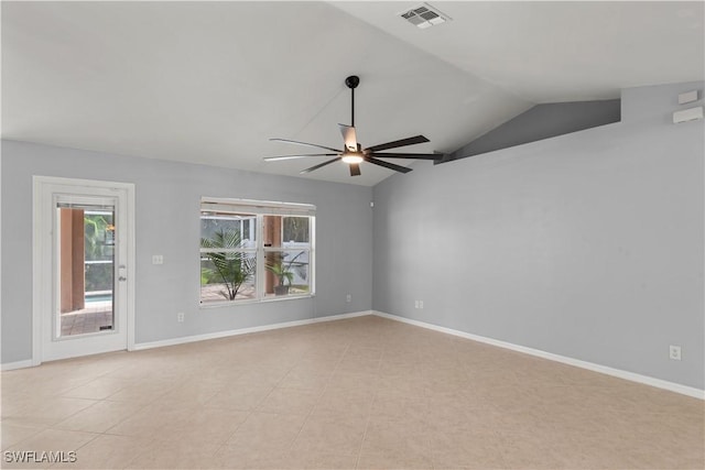 unfurnished room featuring lofted ceiling and ceiling fan