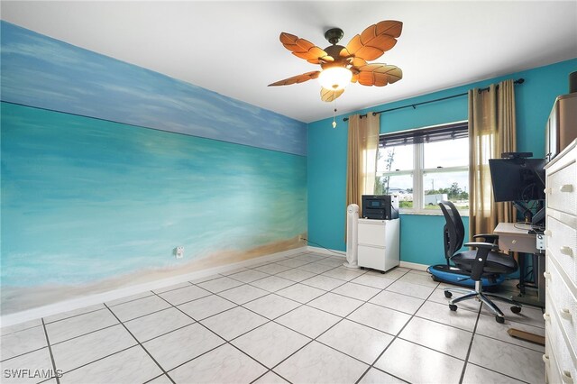 office area with ceiling fan and light tile patterned floors