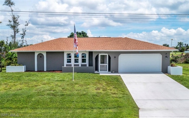 single story home with stucco siding, concrete driveway, and a front lawn