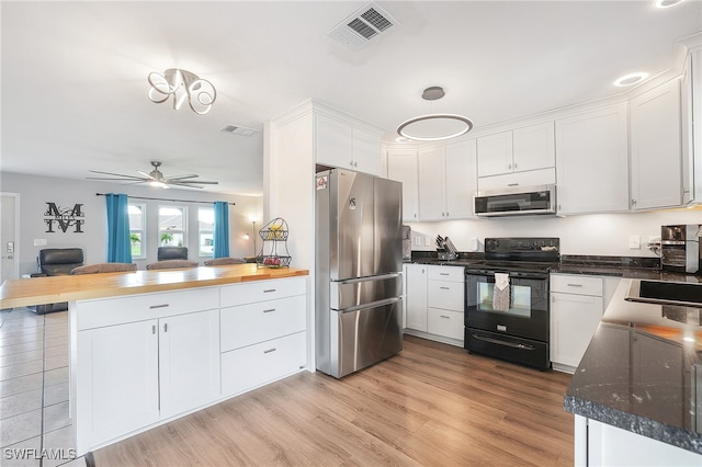 kitchen featuring white cabinetry, kitchen peninsula, ceiling fan, appliances with stainless steel finishes, and light hardwood / wood-style floors