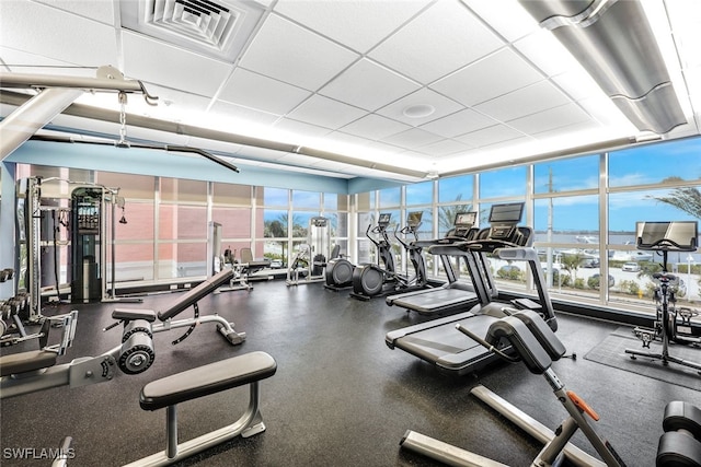 exercise room featuring plenty of natural light and a paneled ceiling