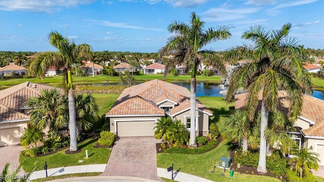 aerial view featuring a water view