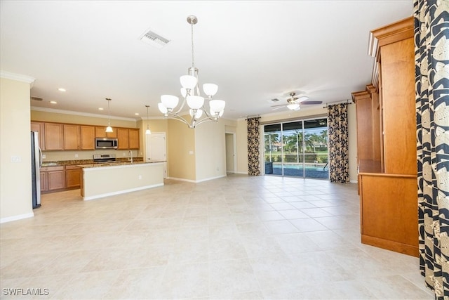 unfurnished living room with crown molding, sink, light tile patterned flooring, and ceiling fan with notable chandelier