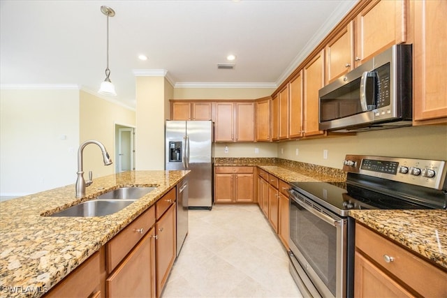 kitchen featuring light stone counters, ornamental molding, stainless steel appliances, sink, and pendant lighting