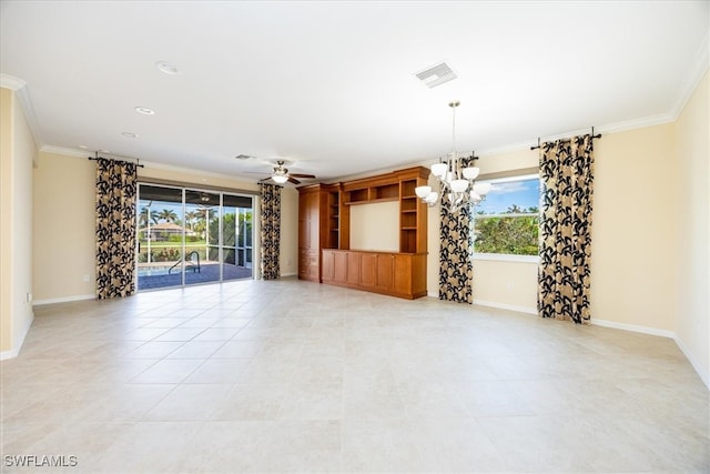 unfurnished living room with ceiling fan with notable chandelier, a healthy amount of sunlight, and ornamental molding