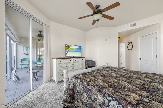 bedroom with light carpet, access to exterior, and ceiling fan