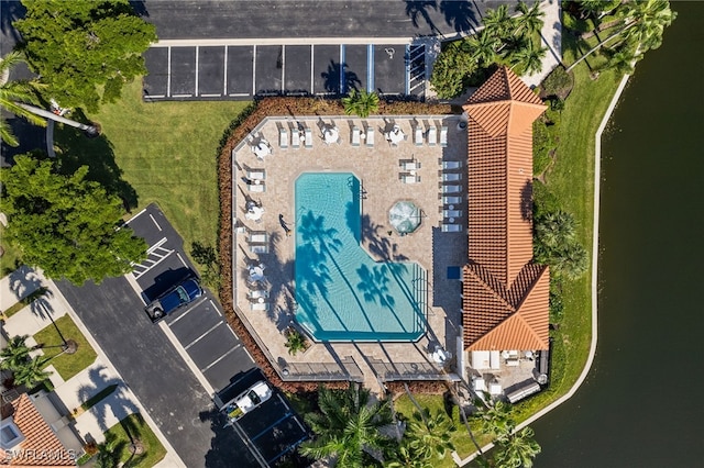 drone / aerial view featuring a water view