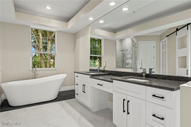 bathroom with a raised ceiling, vanity, and separate shower and tub