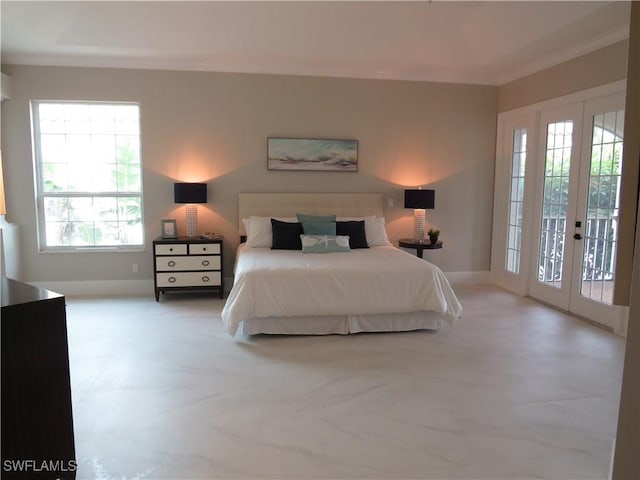 164 Colonade Cir Unit 1307, Naples, FL 34103 - bedroom with crown molding, french doors, baseboards, and access to outside
