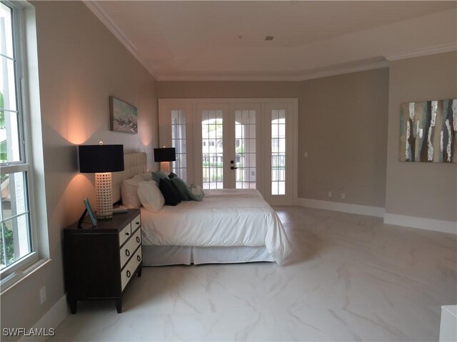 bedroom featuring crown molding, french doors, and access to outside