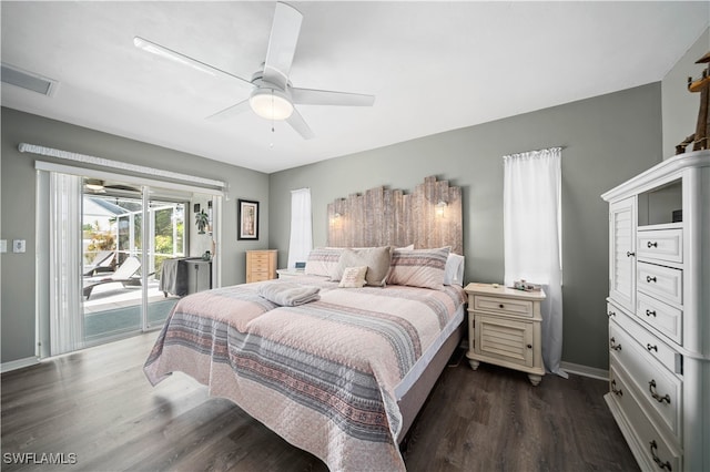 bedroom featuring ceiling fan, dark hardwood / wood-style floors, and access to outside