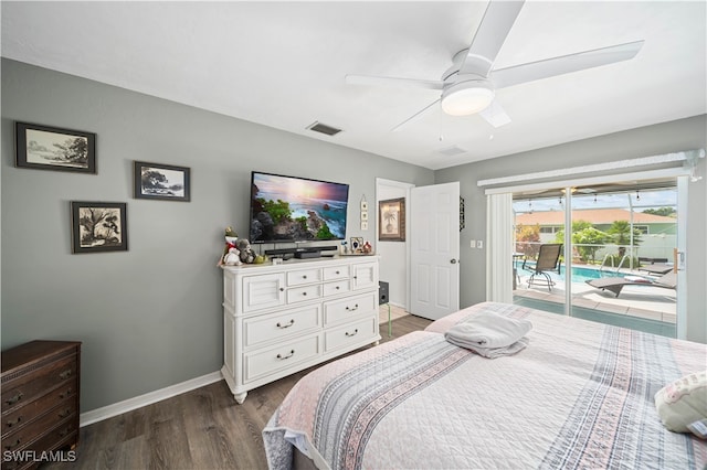 bedroom featuring dark wood-type flooring, ceiling fan, and access to exterior