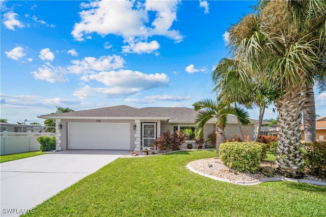 ranch-style home with a garage and a front lawn