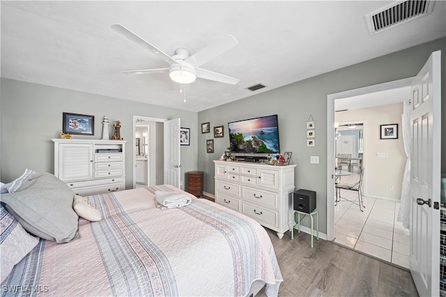 bedroom featuring ceiling fan and light hardwood / wood-style flooring