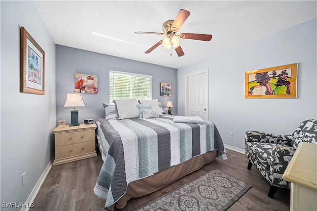 bedroom featuring ceiling fan and dark hardwood / wood-style floors