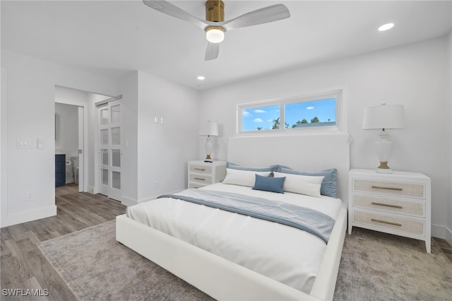 bedroom with baseboards, ceiling fan, recessed lighting, and light wood-style floors