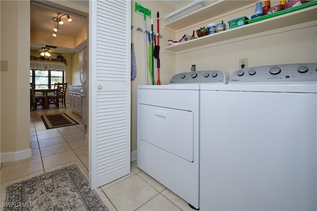 laundry room featuring light tile patterned floors, separate washer and dryer, ceiling fan, and rail lighting