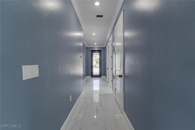 corridor featuring crown molding