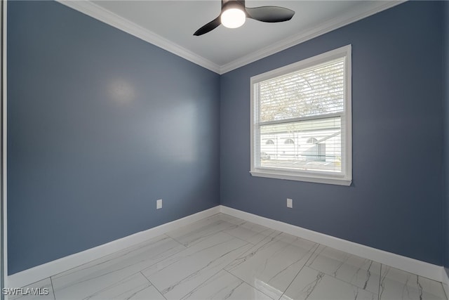 unfurnished room featuring ceiling fan and ornamental molding