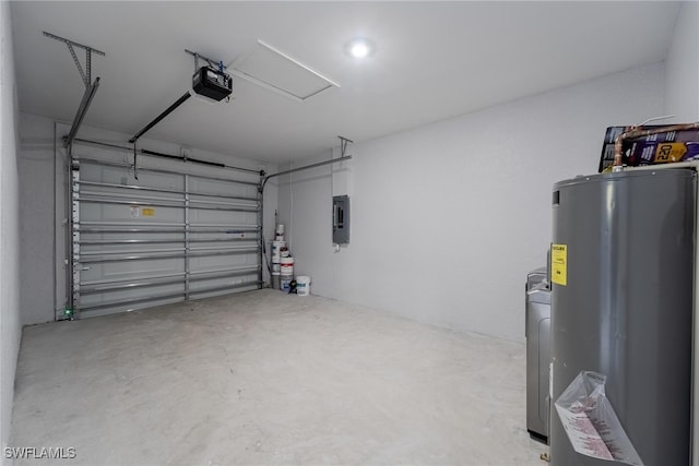 garage featuring a garage door opener, electric water heater, and electric panel