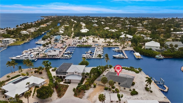 aerial view featuring a water view