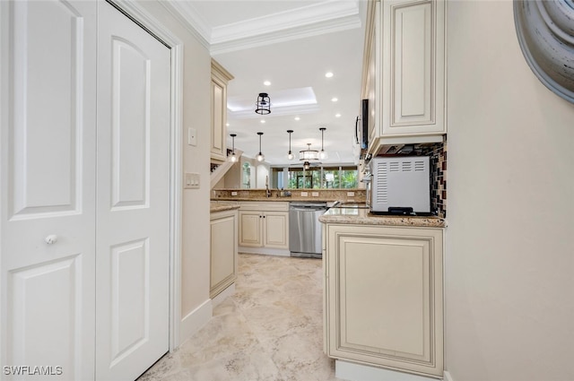 kitchen featuring dishwasher, sink, kitchen peninsula, cream cabinetry, and ornamental molding