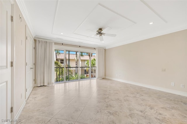 empty room featuring ceiling fan, light tile patterned floors, and ornamental molding