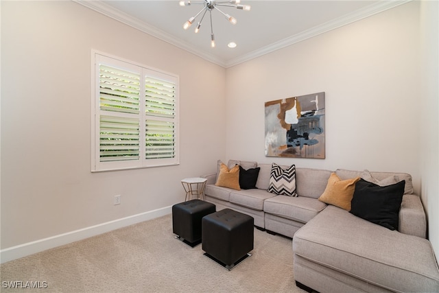 carpeted living room with crown molding and a notable chandelier