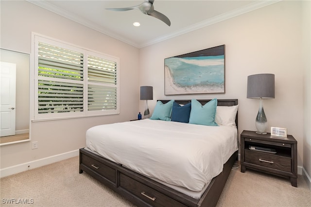 bedroom featuring ceiling fan, light carpet, and ornamental molding