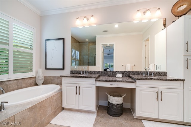 bathroom featuring crown molding, vanity, independent shower and bath, and tile patterned floors