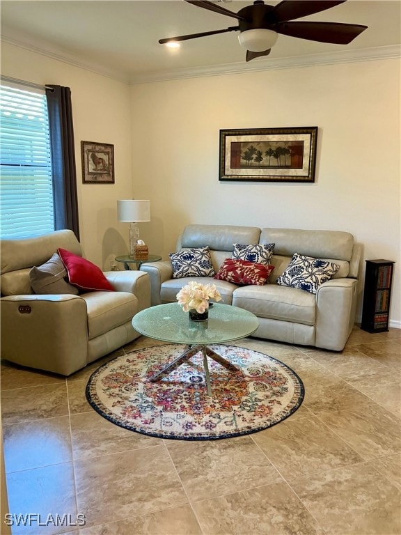 living room featuring ceiling fan and ornamental molding