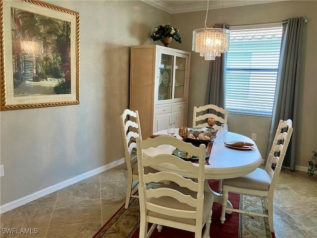 dining space featuring an inviting chandelier and ornamental molding