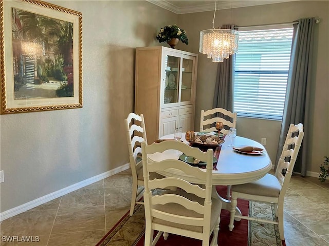 dining space featuring an inviting chandelier, baseboards, crown molding, and light tile patterned flooring