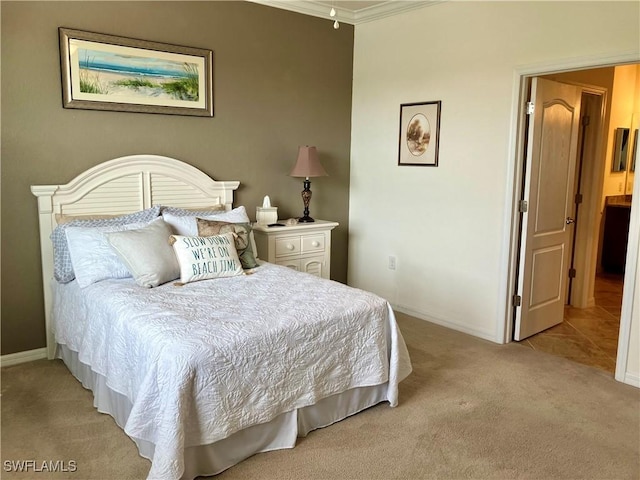 bedroom with light carpet and ornamental molding