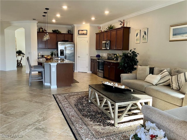 living room featuring ornamental molding and sink