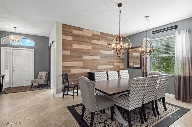 tiled dining area with a notable chandelier and wooden walls