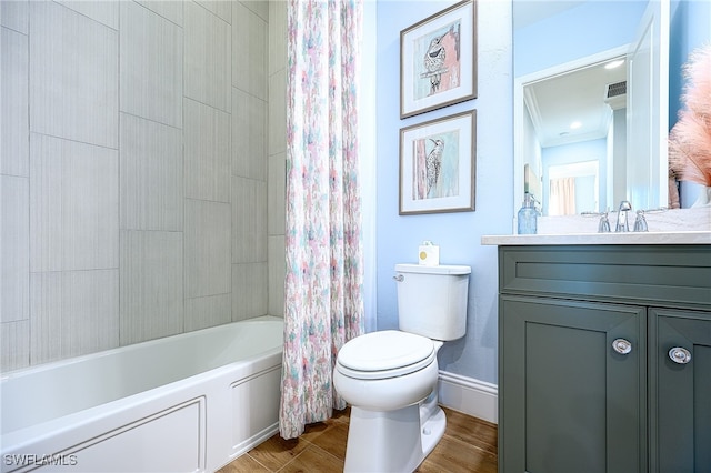 full bathroom featuring vanity, toilet, hardwood / wood-style flooring, and shower / bathtub combination with curtain