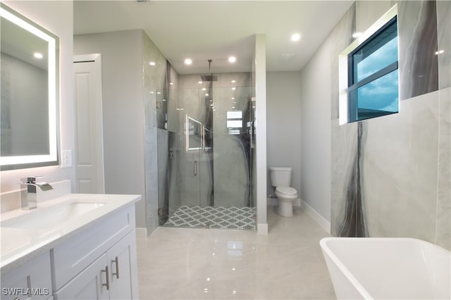 full bathroom with vanity, toilet, and plus walk in shower