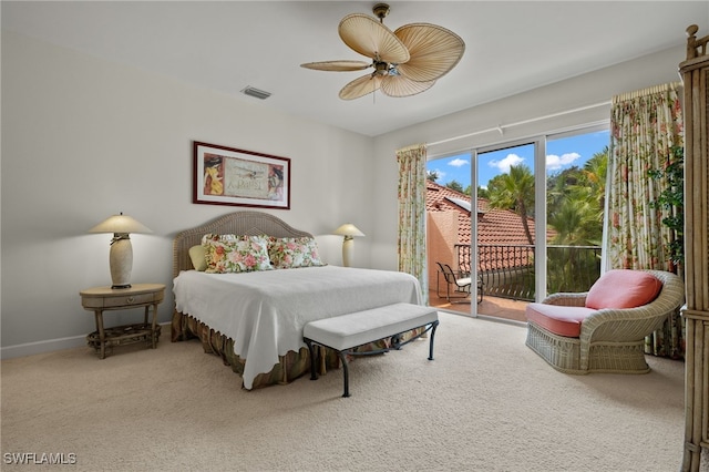 carpeted bedroom featuring ceiling fan and access to exterior