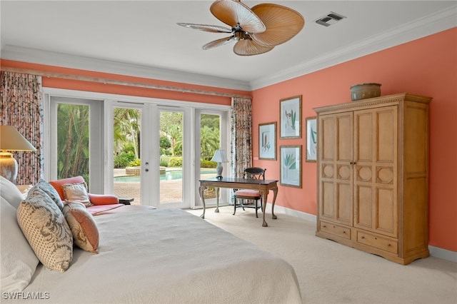 carpeted bedroom featuring french doors, ceiling fan, access to outside, and crown molding