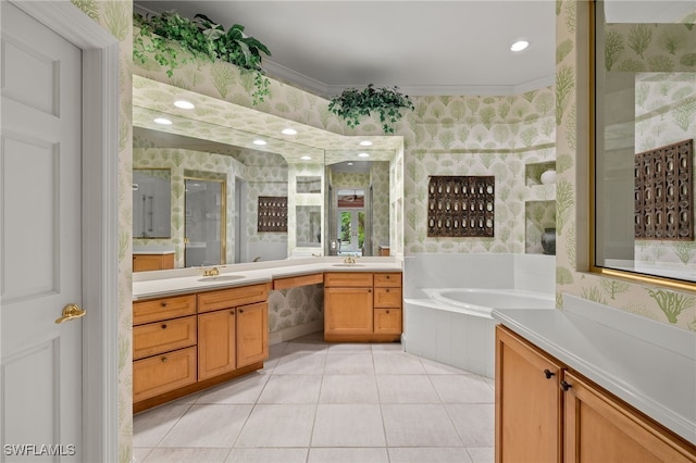 7005 Verde Way, Naples, FL 34108 - bathroom featuring tile patterned floors, wallpapered walls, a stall shower, and a sink