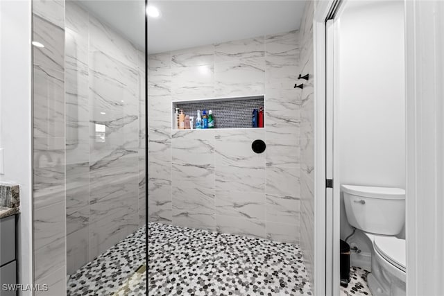 bathroom featuring vanity, toilet, and tiled shower