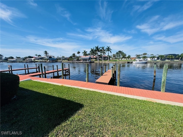 dock area with a water view and a yard