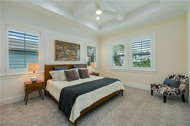 carpeted bedroom featuring coffered ceiling, ceiling fan, beam ceiling, and multiple windows