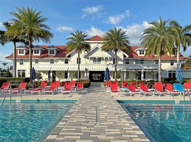 view of swimming pool with a patio area