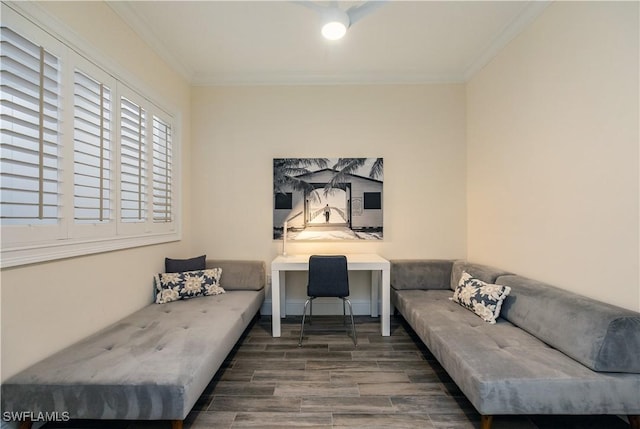 interior space featuring ornamental molding and dark wood-type flooring