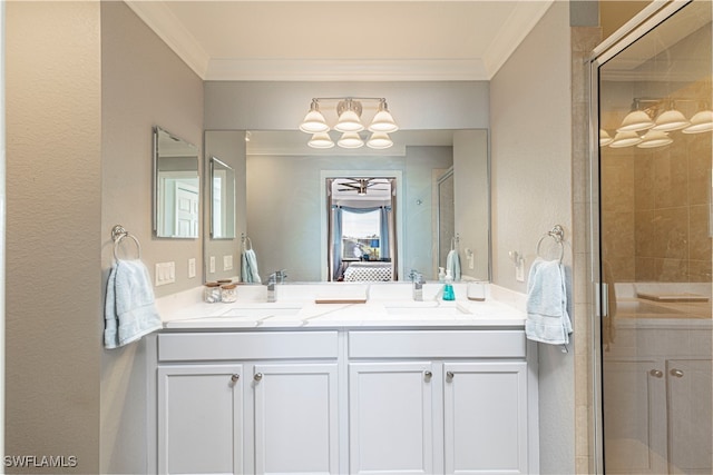 bathroom with an enclosed shower, crown molding, and vanity